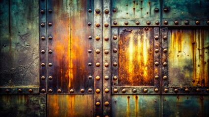 Poster - Industrial Metal Door Background: Textured Grey Metal Plates with Rivets - Stock Photo