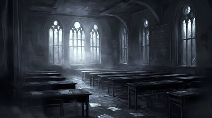 Wall Mural - scary abandoned classroom: echoes of forgotten learning spooky school. echoing - canyons. illustrati