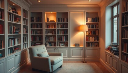 Poster - Cozy Reading Nook with Bookshelves and Soft Lighting in Warm Setting