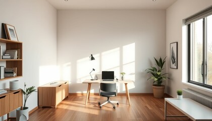 Poster - Modern Minimalist Home Office with Natural Light and Plants