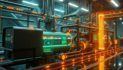 Poster - Futuristic Industrial Machinery with Neon Lights in Modern Factory