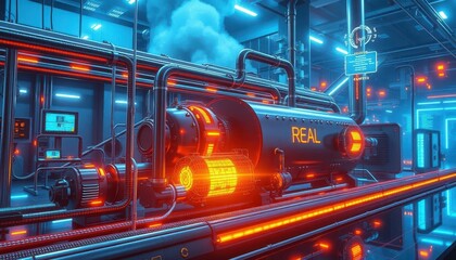 Poster - Futuristic Machine with Neon Lights in a High-Tech Environment