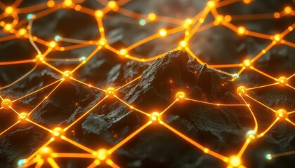 Poster - Abstract Digital Network with Nodes and Mountain Terrain Background