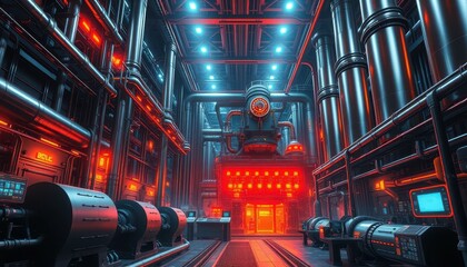 Poster - Industrial Futuristic Interior with Neon Lights and Metallic Pipes