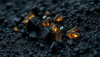 Poster - Glowing Amber Stones on Dark Rocky Surface with Light Reflection