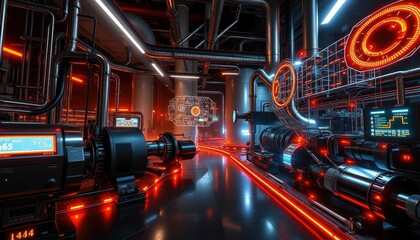 Poster - Futuristic Industrial Environment with Neon Lights and Technology