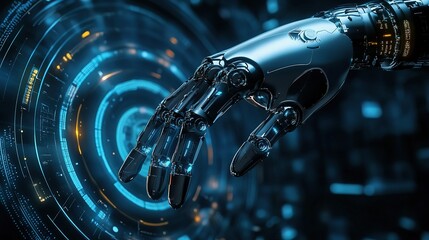 Poster - Futuristic Robotic Arm with Advanced HUD in High-Tech Environment