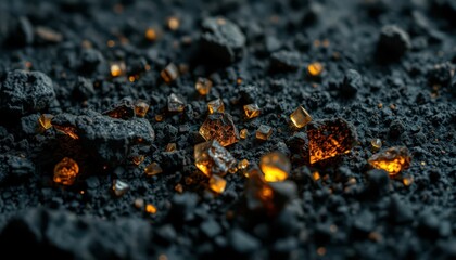 Poster - Glowing Amber Crystals Embedded in Dark Volcanic Soil