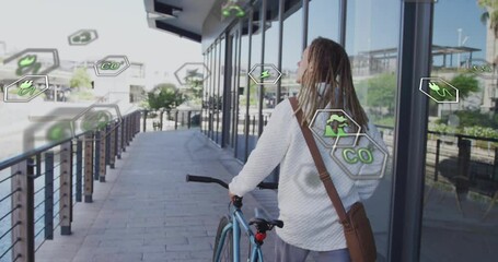 Poster - Person walking with bicycle, surrounded by eco-friendly technology icons animation