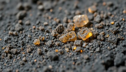 Poster - Glimmering Amber Stones on Dark Gravel Background with Highlights