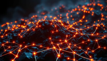 Poster - Abstract Network of Glowing Red Lines on Dark Rocky Surface