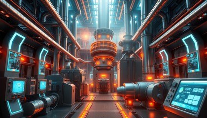Poster - Futuristic High-Tech Power Plant Interior with Industrial Machinery