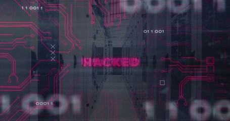 Poster - Animation of digital circuit patterns with HACKED text in data center corridor
