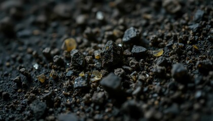 Poster - Detailed Close-Up of Dark Pebbles and Sand on a Rough Surface