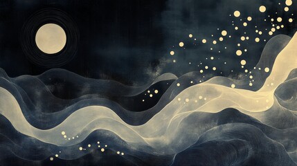 Wall Mural - a stylized night landscape featuring waves and a bright celestial orb