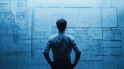 Fototapete - Professional Engineer Analyzing Blueprint Designs in Bright Office