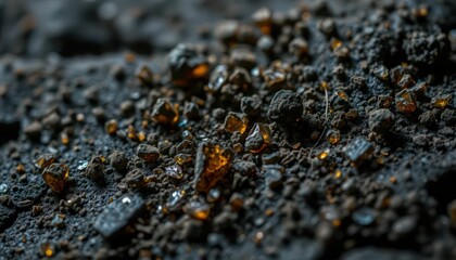 Poster - Close-up View of Amber Crystals on Dark Natural Surface