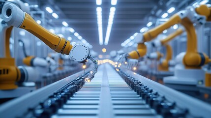 Poster - High-Tech Factory Floor with Robotic Arms in Assembly Process