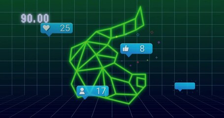 Poster - animation of geometric neon shapes on digital grid with social media notifications