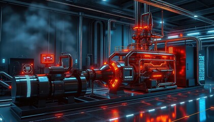 Poster - Industrial Machine with Neon Lights in High-Tech Environment