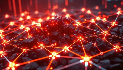 Poster - Red and Black Digital Network with Glowing Nodes and Rocks