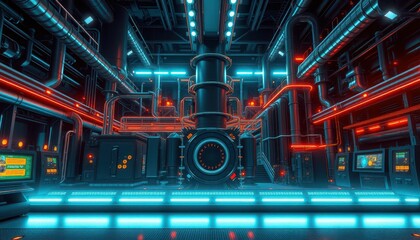Poster - Futuristic Industrial Space with Neon Lights and Advanced Machinery