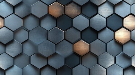 Wall Mural - a modern metallic hexagon tile wall with varying surface finishes