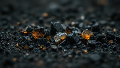 Poster - Glimmering Amber Crystals on Dark Rough Surface in Soft Lighting