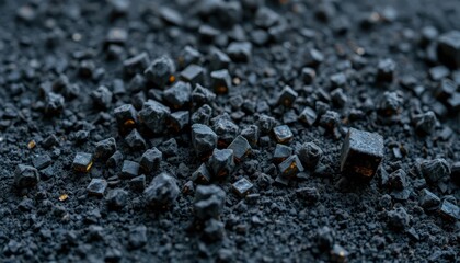 Poster - Black crystalline minerals on dark textured surface in close-up view