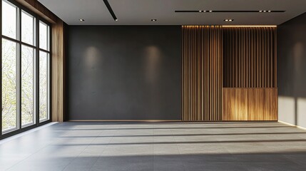 Poster - Modern Empty Room with Gray Slat Wall and Natural Light Filters
