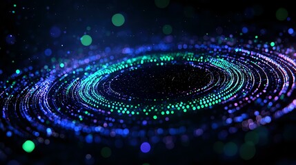 Poster - glowing spiral of blue and green particles creating dynamic circular motion against dark background,