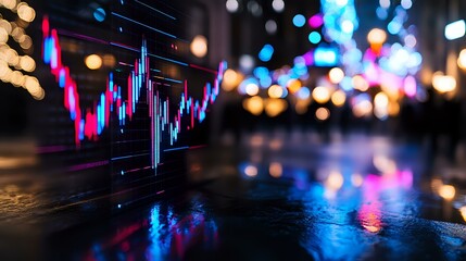 Poster - Glowing financial chart with neon candlesticks reflected on wet surface against blurred city lights background, creating dynamic market analysis atmosphere.