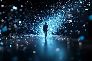Poster - Silhouette of person walking through mystical blue light particles and bokeh effects on dark reflective surface, spiritual journey concept.