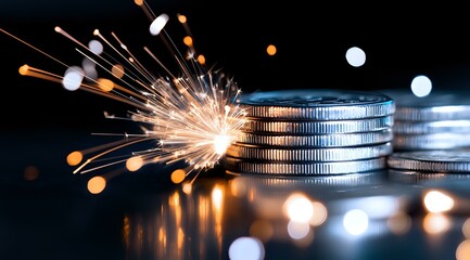 Poster - Glowing sparkler next to stacked silver coins with bokeh light effects on dark background, representing financial growth and investment success.