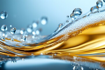 Poster - Dynamic wave of golden liquid with pure water drops creating abstract pattern against blue background with mirror reflection and macro details.