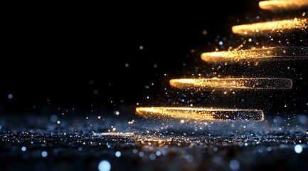 Poster - Glowing golden spiral staircase with magical sparkles and light particles floating in dark space, creating mystical atmosphere for fantasy backgrounds.