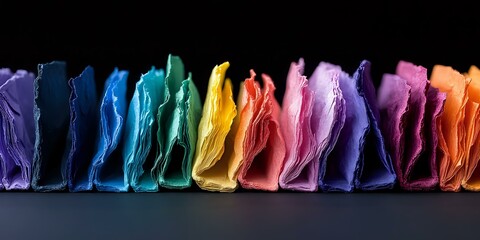 Poster - Vibrant rainbow colored fabric waves in motion against dark background, flowing silk material creates dramatic folds and textures in spectrum arrangement.