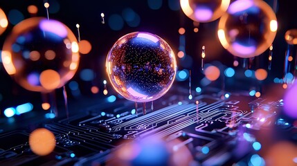 Poster - Glowing spheres floating above circuit board with neon blue and orange lights creating futuristic technological atmosphere. Abstract digital concept with bokeh effect.