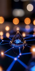 Poster - Glowing digital network with futuristic dome bokeh lights against dark background with blue connecting lines.