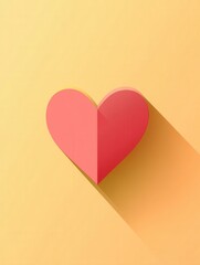 Poster - Minimalist heart icon with warm pink tones and soft shadows in flat design on a gentle yellow background