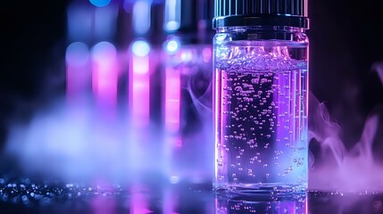 Poster - Glowing laboratory vial with pink luminescent liquid and bubbles against blurred background with smoke effects, creating futuristic scientific atmosphere.