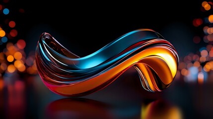 Poster - Abstract curved metallic shape in vibrant blue and orange colors floating against dark background with blurred bokeh lights creating modern artistic composition.