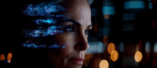 Poster - Profile view of woman with glowing blue digital effects and bokeh lights in dark background, representing artificial intelligence and future technology integration.