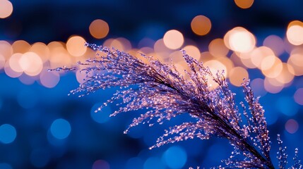 Poster - Delicate purple grass plume against blurred bokeh lights background in blue and orange tones creates dreamy atmospheric nature composition.