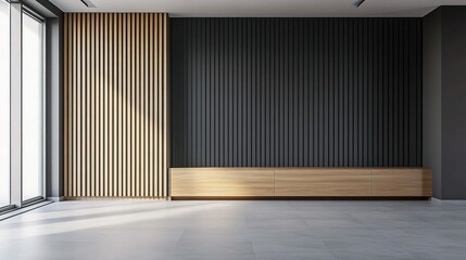 Poster - Modern Empty Room with Gray Slat Wall and Wood Accents