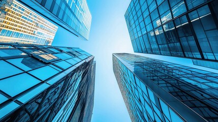 Poster - Reflective Skyscrapers Under Clear Blue Sky in Urban Environment