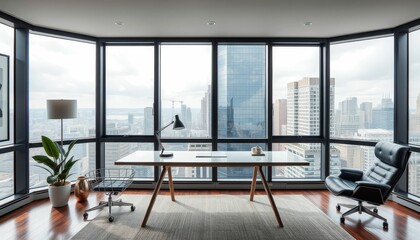 Poster - Modern Office Interior Design with City Skyline View