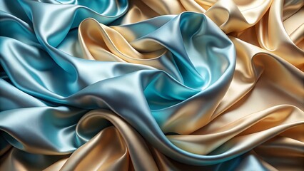 Poster - Luxurious Beige & Blue Silk Fabric Background - Abstract Texture, 3D Render