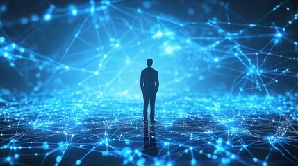 Poster - Businessman Standing on Digital Network Background with Bright Lines