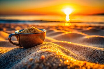 Poster - Macro Close-up of a Ceramic Cup on Sandy Beach at Sunset, Detailed Texture
